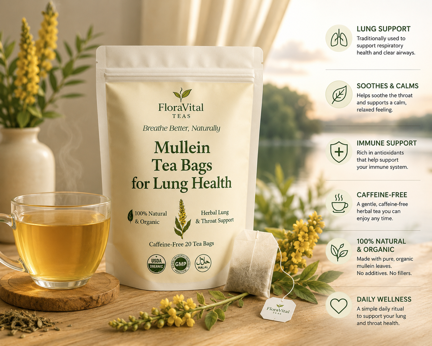 FloraVital Organic Mullein Tea Bags with freshly brewed herbal tea