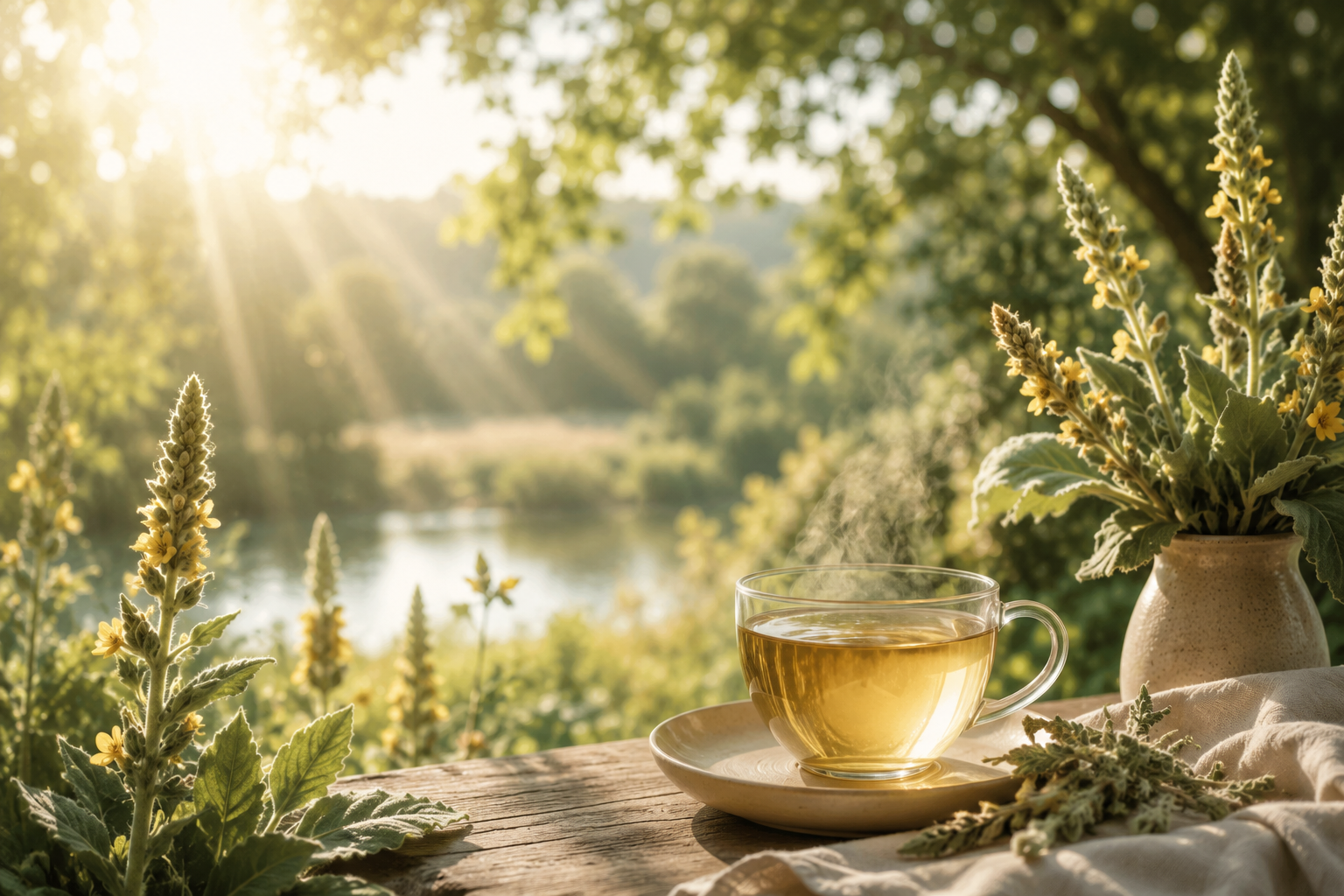 Freshly brewed organic mullein tea in a glass cup surrounded by nature