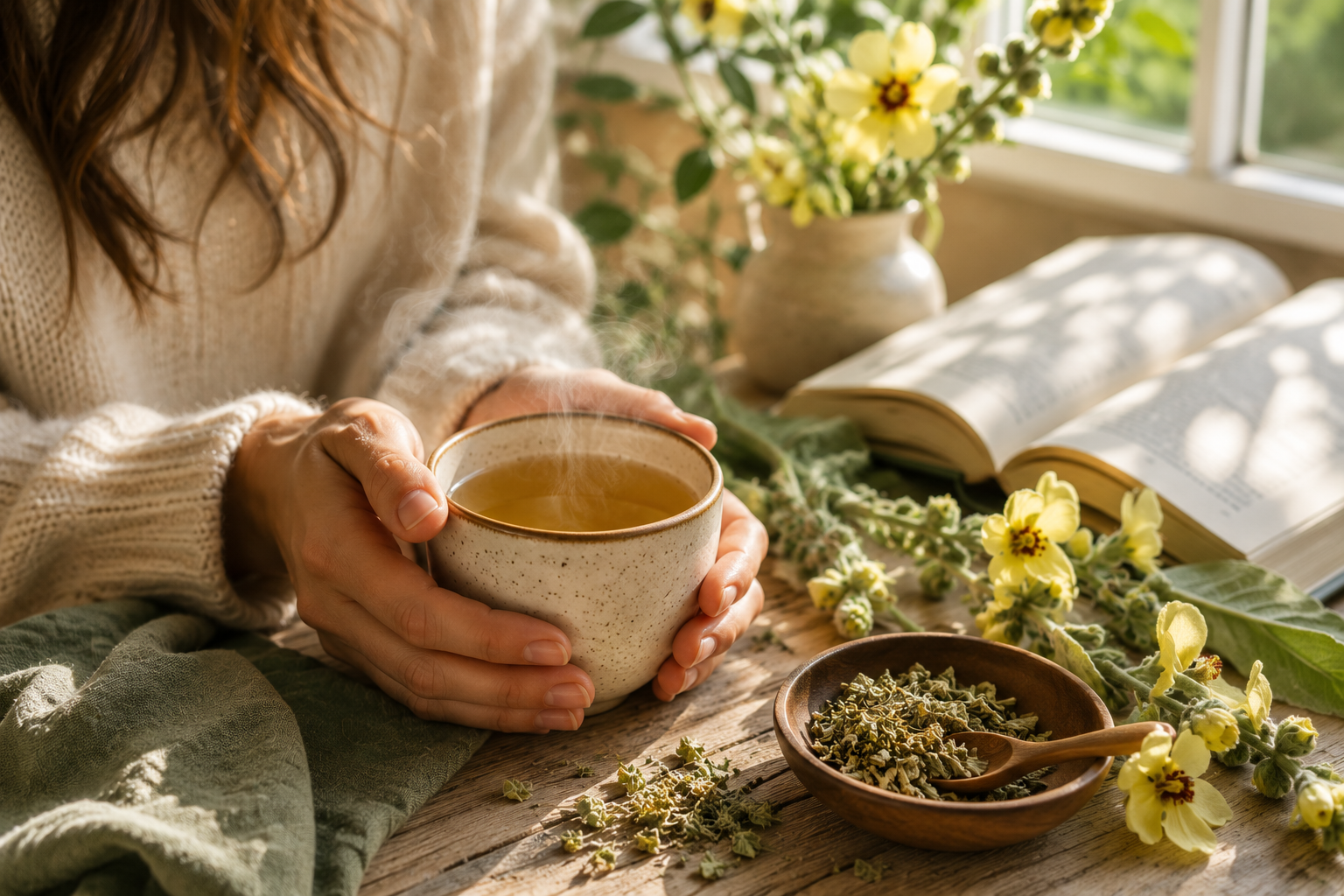 Enjoying a warm cup of organic mullein tea during a relaxing wellness ritual
